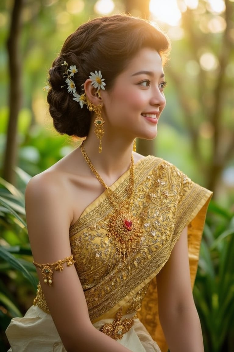 A serene and captivating portrait of a Thai girl. The subject sits elegantly amidst a lush forest, adorned in a golden traditional Thai dress, her curly brown locks framing her radiant face. Her smile, though closed-mouthed, still conveys warmth as subtle dimples appear on her cheeks. Delicate flowers adorn her hair, adding a touch of whimsy to the composition. The warm sunlight filters through the trees, casting gentle rays that illuminate her features and the intricate details of her dress.