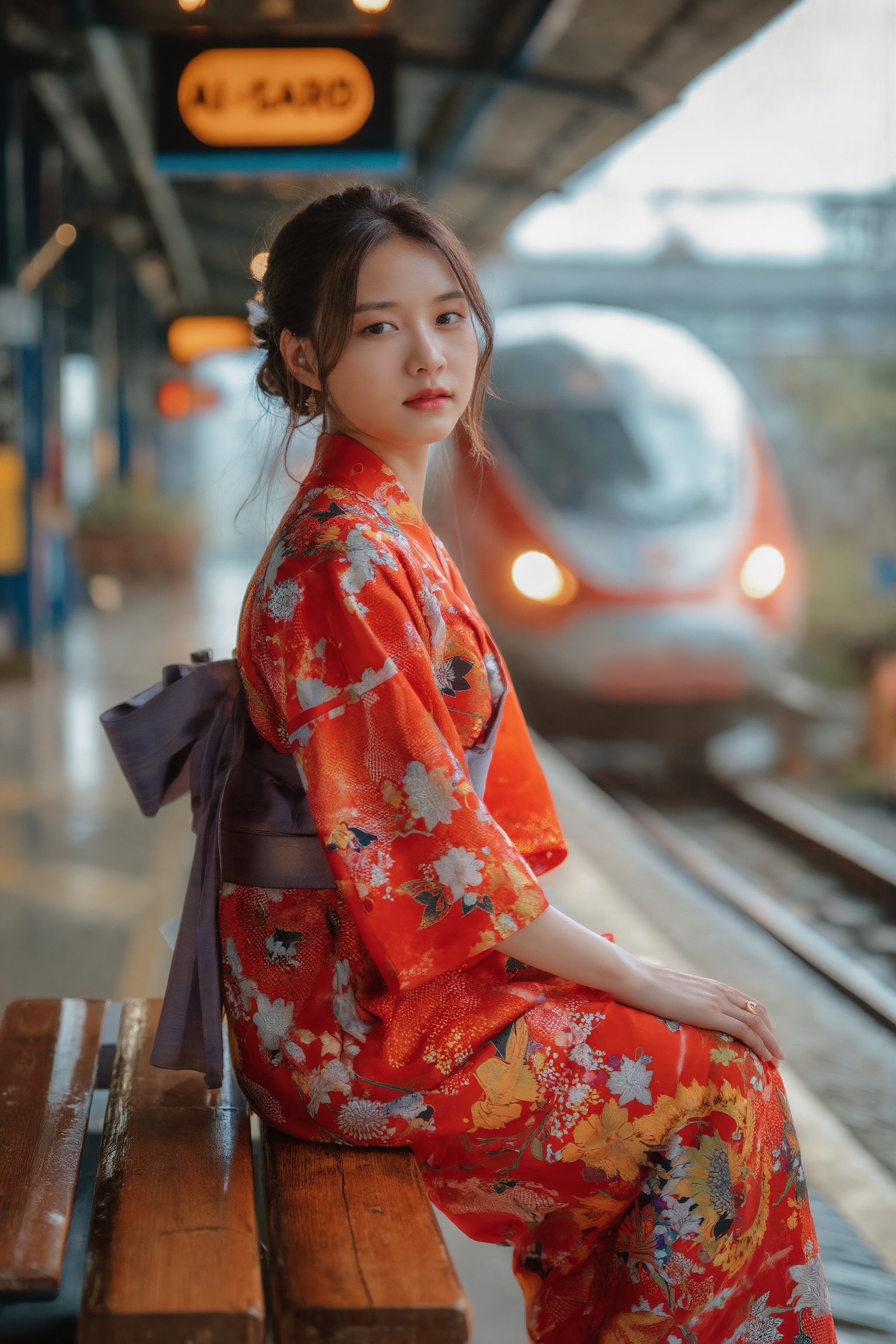 Thai girl in Red vibrant color kimono dress portrait in Train station, sitting on the bench beside the train station with the sign 'AI-SARD station' above her head in the background with Highspeed Train