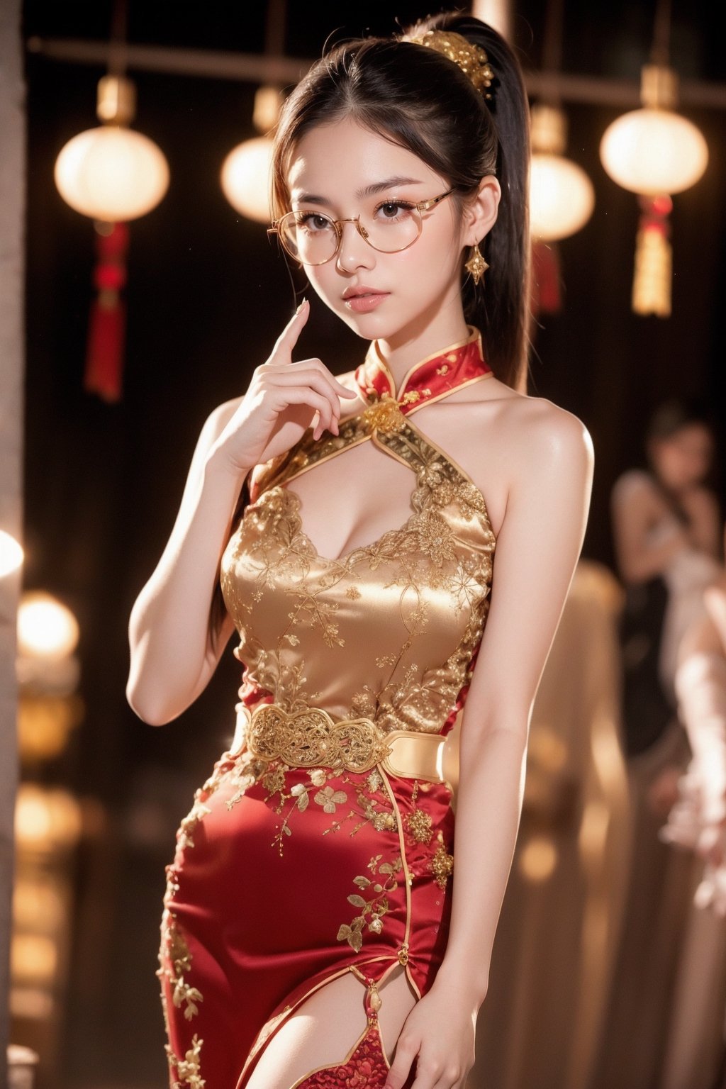 Thai girl 20 years old, round eyeglasses, high ponytail , hourglass shape, red chinese cheongsam dress with thai gold pattern on it, Chinese red festival, flares, celebration, sexy pose