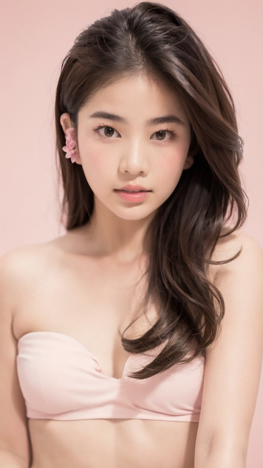 Portrait of thai girl,looking at viewer,flower behind her ear,(pink tube top),(((pink simple background))), realistic portrait, ((profile portrait))