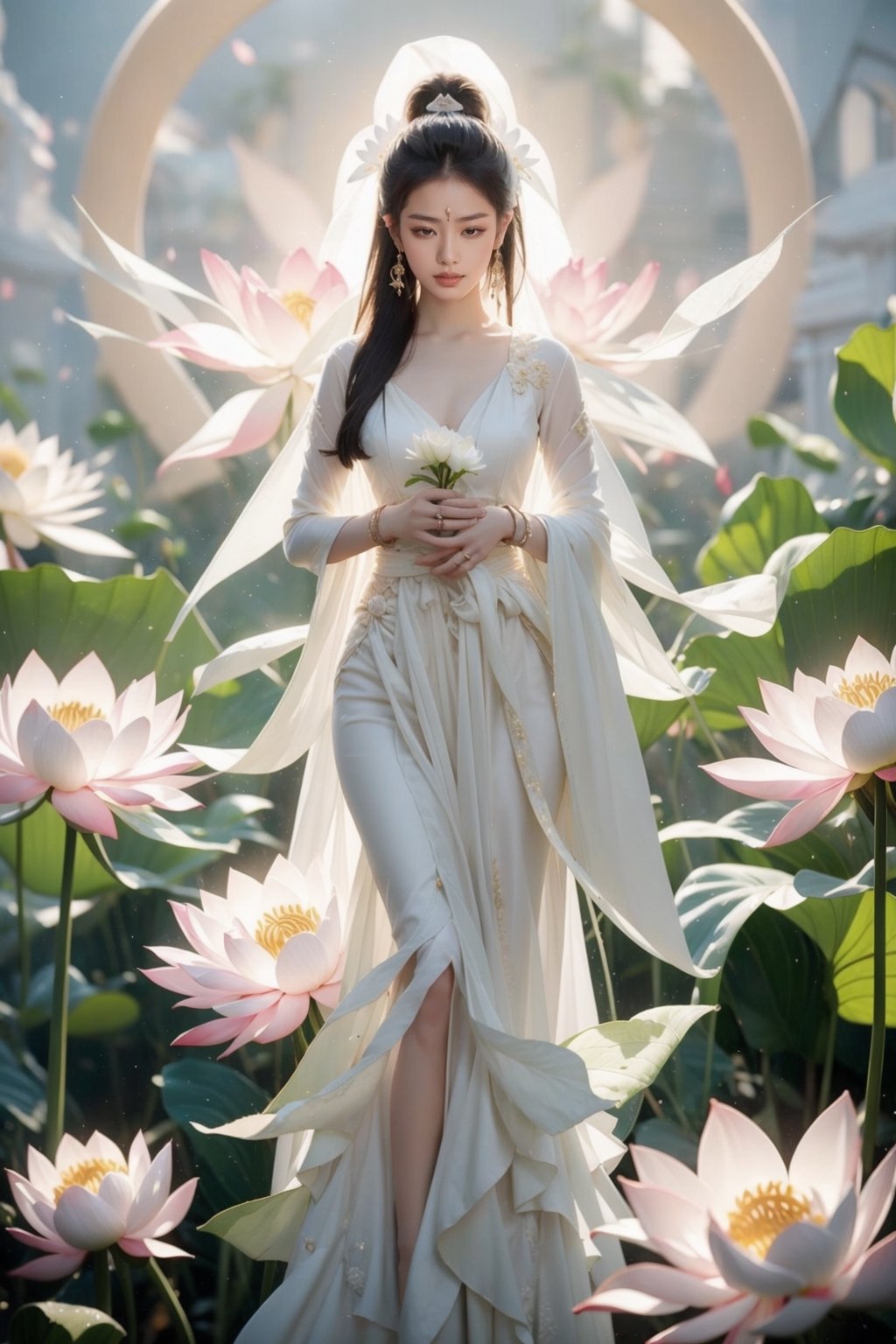 Guanyin wear white dress in heaven with magical lotus in background , bamboo leafs, half shot, miracle flares 