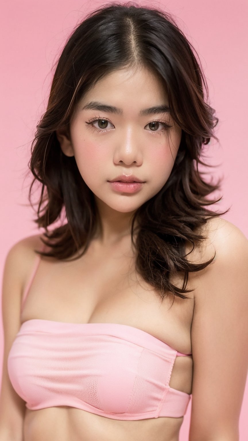 Portrait of thai girl,flower behind her ear,(pink tube top),(((pink simple background))), realistic portrait, ((profile portrait))