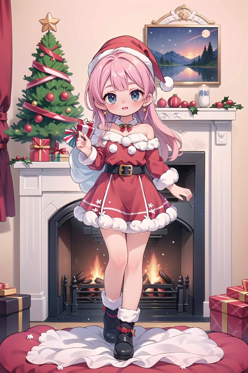 (Best Picture Quality, High Quality, Best Picture Score: 1.3), , Perfect beautiful woman,pink hair,long hair,(Decorate the room with Santa Claus for Christmas.),the whole body Beautiful Girl, Cute, ,Fantastic Landscapes,Christmas tree, a cozy fireplace