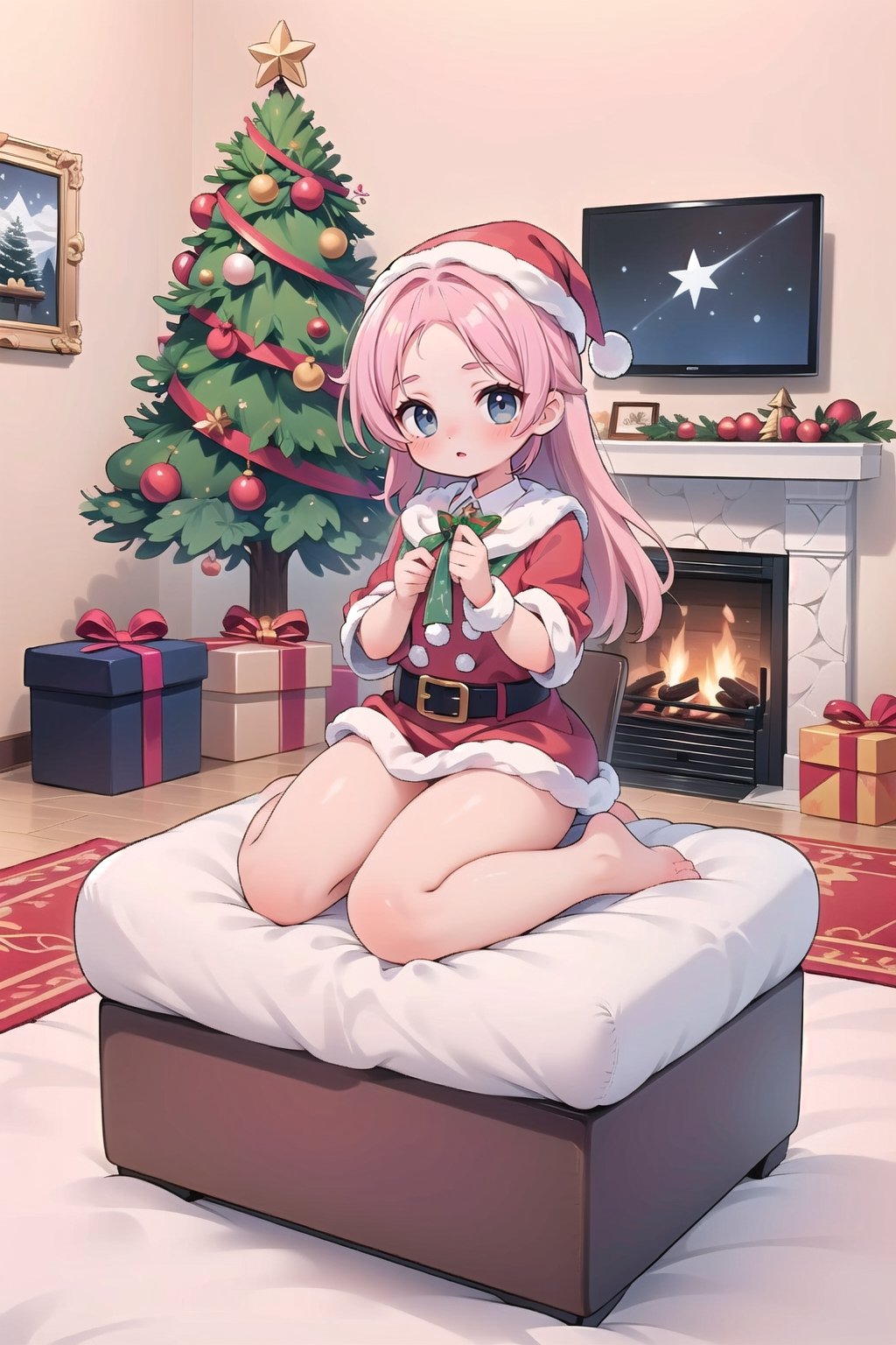 (Best Picture Quality, High Quality, Best Picture Score: 1.3), , Perfect beautiful woman,pink hair,long hair,(Decorate the room with Santa Claus for Christmas.),the whole body Beautiful Girl, Cute, ,Fantastic Landscapes,Christmas tree, a cozy fireplace