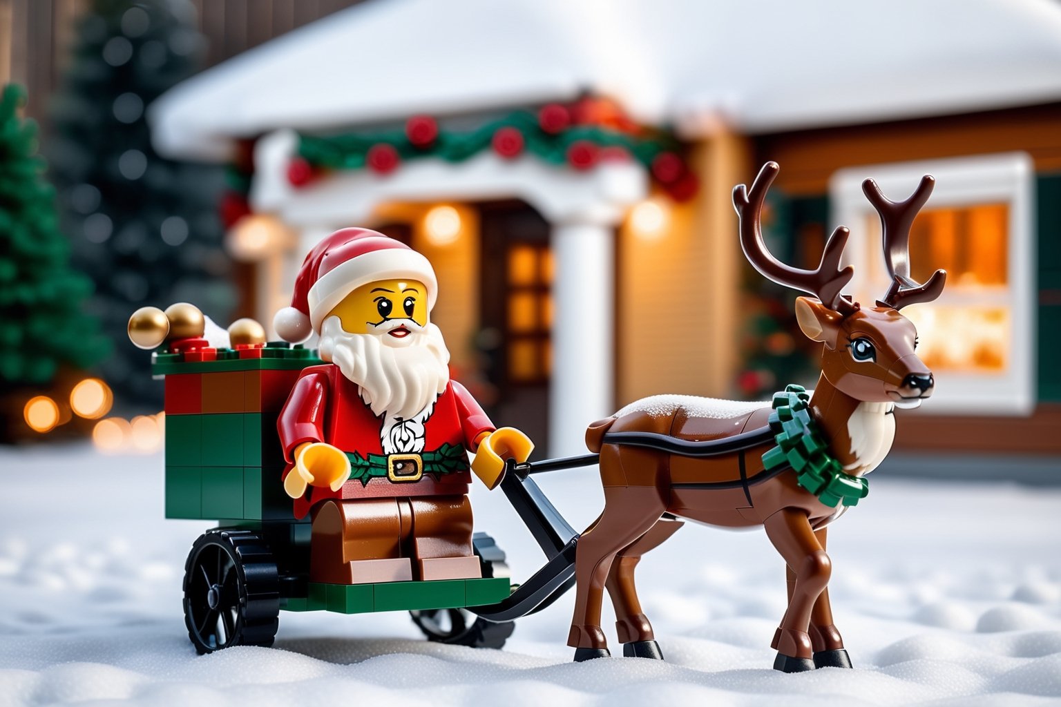Lego themed,  outdoor,  snowing,  in front of house,  a Santa claus is sitting on a cart connected with deer,  (Warm and bright color tones),  (Soft diffuse lighting),  masterpiece,  best quality,  detailmaster2,ral-chrcrts,christmas