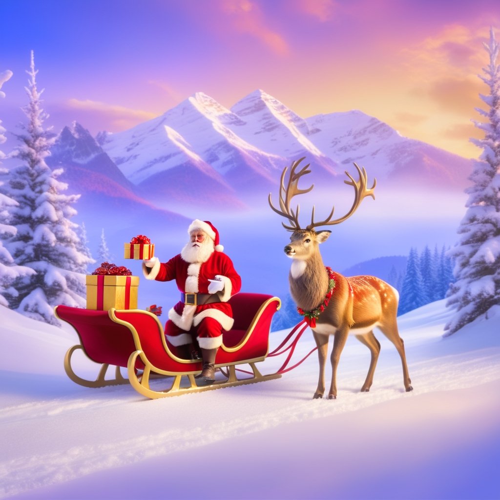 Outdoor, snowy sky background, snow-covered mountain path, sleigh attached to deer, Santa Claus holding gift box in front, (warm bright color tones), (soft diffused lighting), masterpiece, top quality, detailmaster2, ral-chrcrts, christmas,disney style