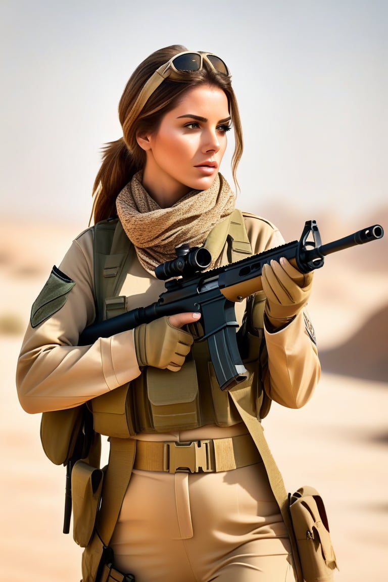 Bella is a female sniper. She is in desert uniform, aiming at an enemy.,(((photorealism:1.4)))