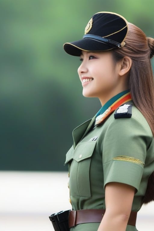 looking straight ahead, side_view,1girl, military_uniform, solo, long hair, smile, brown hair,
,warrior,beauty