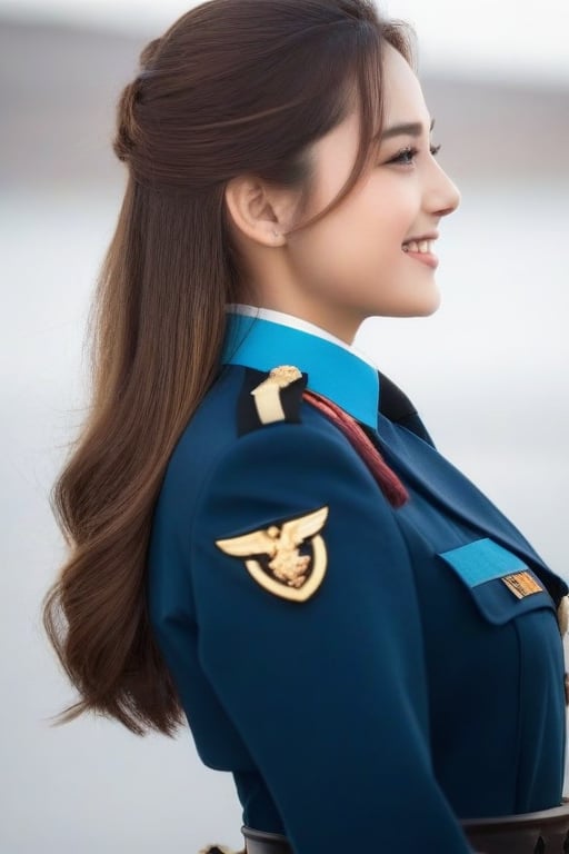 looking straight ahead, side_view,1girl, military_uniform, solo, long hair, smile, brown hair, jewelry, necklace,
,warrior,beauty