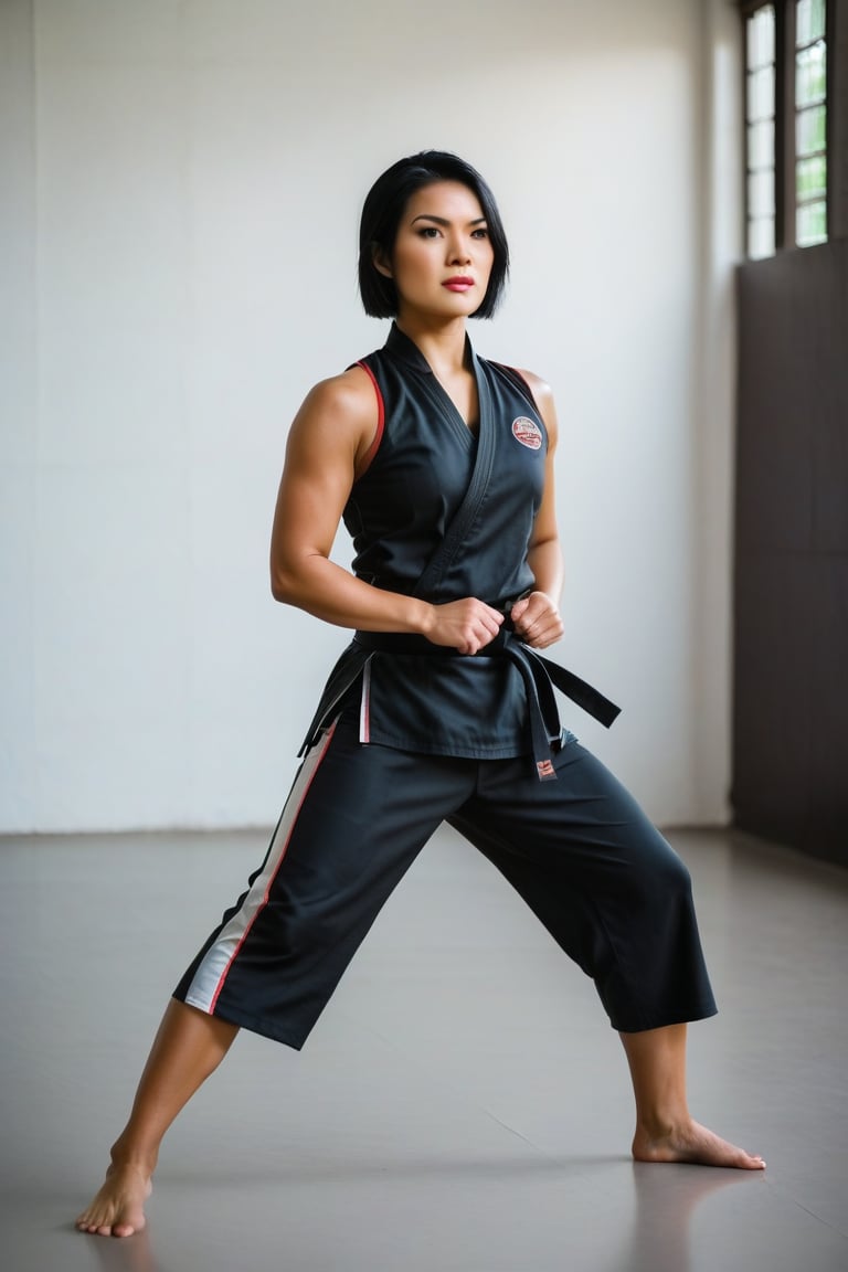 Chrissie, a confident 26-year-old Thai woman with short black hair and brown eyes, stands in her martial arts outfit, as she is in practice, the outfit  accentuate her toned physique as she gazes directly at us with determination on her lips.  Chrissie's strong posture radiates focus as she practices martial arts, her arms held in a powerful stance, highlighting her flexibility and agility.