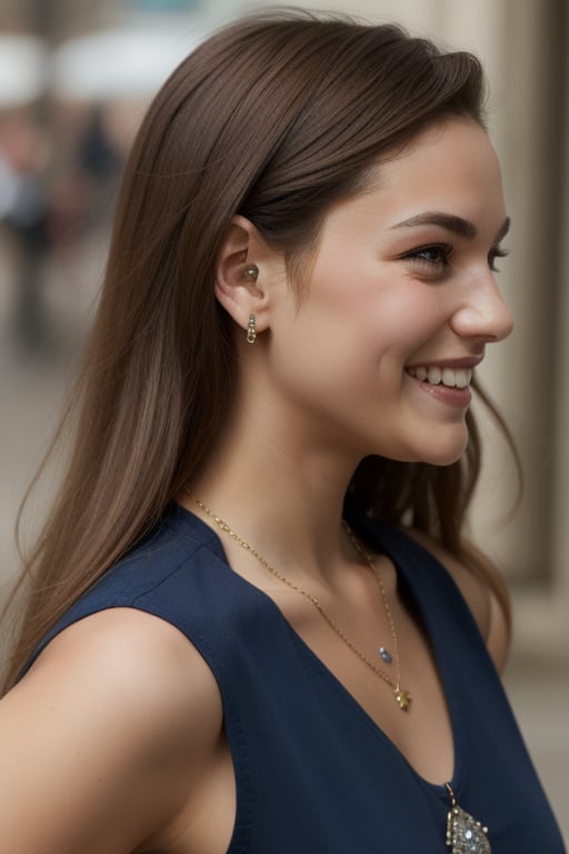 looking straight ahead, side_view,1girl, military_uniform, solo, long hair, smile, brown hair, jewelry, necklace,
,warrior