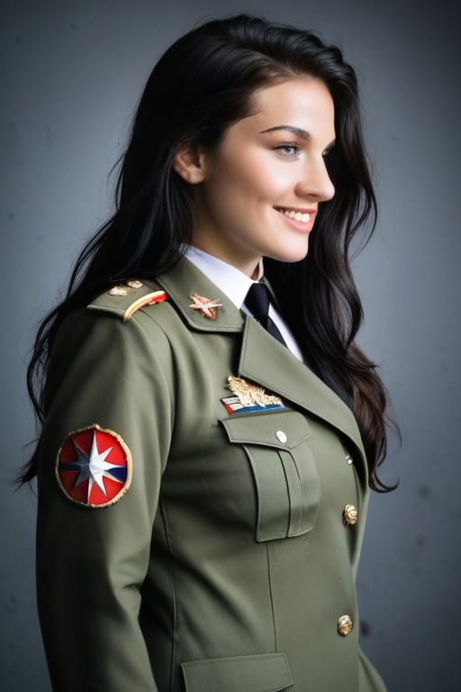 (((looking straight ahead))), side_view,1girl, solo, military uniform, long hair, smile, black hair, (((photorealism:1.4))), 
,warrior,beauty,gorgeous,Woman ,Hero ,hero