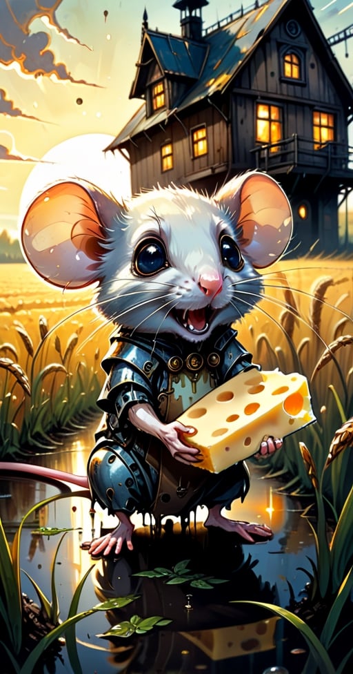 cuteness overload, 2d, flat, splatter ink, liquid ink, paint dripping, sci-fi, futuristic, fairytale, biomechanical glass rusty steampunk metal transparent cute happy mouse eating cheese  rye field, farm house, biomechanical glass cyborg parts, glowing eyes, fragility, dynamic pose, intricated, filigree, glowing eyes, sunbeams, Craola, Dan Mumford, Andy Kehoe, otherworldly, cute creepy, celestial, complex background, spring sunset, cute, adorable, ultra highly detailed, cinematic, masterpiece, art on a cracked paper, vintage, patchwork