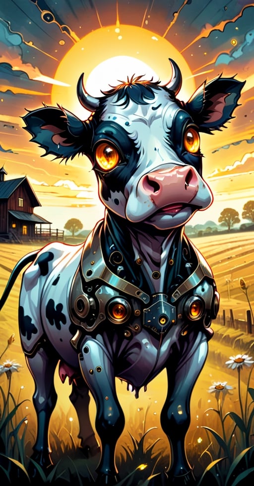 cuteness overload, 2d, flat, splatter ink, liquid ink, paint dripping, sci-fi, futuristic, fairytale, biomechanical glass rusty steampunk metal transparent cute happy cyborg cow rye field, farm house, biomechanical glass cyborg parts, glowing eyes, fragility, dynamic pose, intricated, filigree, glowing eyes, sunbeams, Craola, Dan Mumford, Andy Kehoe, otherworldly, cute creepy, celestial, complex background, spring sunset, cute, adorable, ultra highly detailed, cinematic, masterpiece, art on a cracked paper, vintage, patchwork