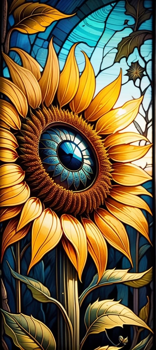   two parts in one art, double exposure, best quality, dark tales, close up big  detailed sunflower looking at me, big eye, sunset, field,  Craola, Dan Mumford, Andy Kehoe, 2d, flat, cute, adorable, vintage, art on a cracked paper, fairytale, patchwork, stained glass, storybook detailed illustration, cinematic, ultra highly detailed, tiny details, beautiful details, mystical, luminism, vibrant colors, complex background,