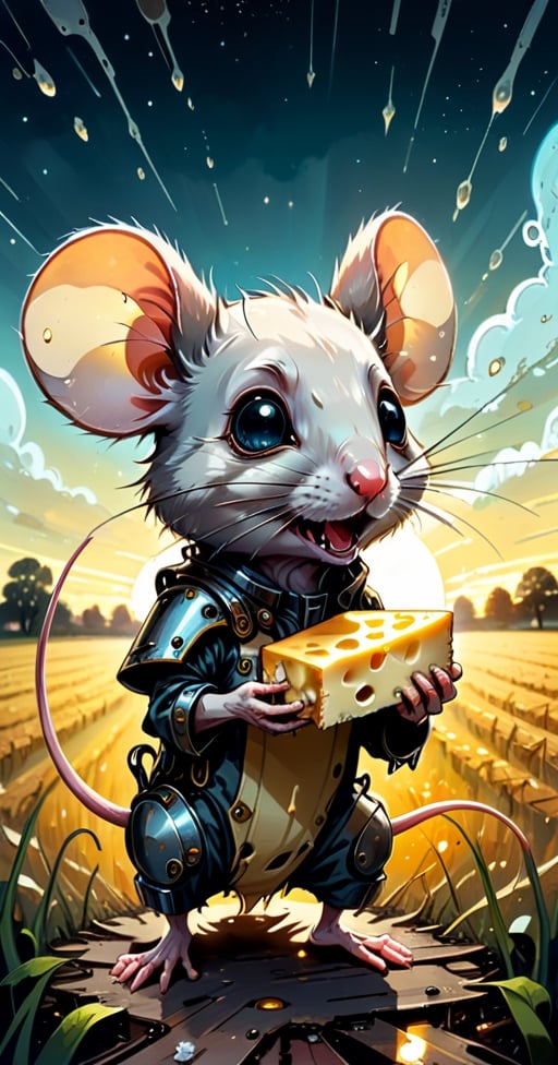 cuteness overload, 2d, flat, splatter ink, liquid ink, paint dripping, sci-fi, futuristic, fairytale, biomechanical glass rusty steampunk metal transparent cute happy mouse eating cheese  rye field, farm house, biomechanical glass cyborg parts, glowing eyes, fragility, dynamic pose, intricated, filigree, glowing eyes, sunbeams, Craola, Dan Mumford, Andy Kehoe, otherworldly, cute creepy, celestial, complex background, spring sunset, cute, adorable, ultra highly detailed, cinematic, masterpiece, art on a cracked paper, vintage, patchwork