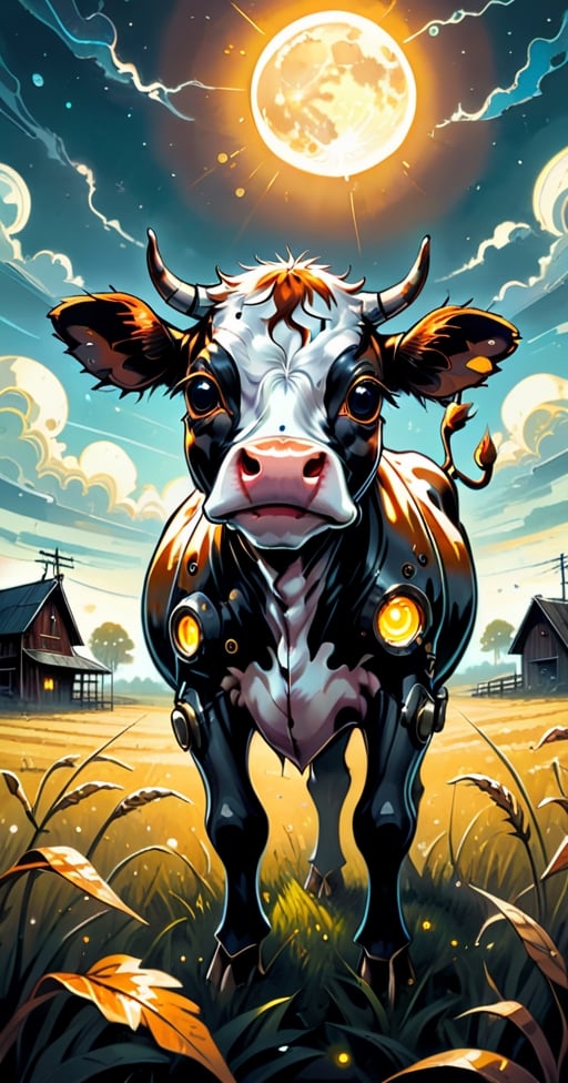 cuteness overload, 2d, flat, splatter ink, liquid ink, paint dripping, sci-fi, futuristic, fairytale, biomechanical glass rusty steampunk metal transparent cute happy cyborg cow rye field, farm house, biomechanical glass cyborg parts, glowing eyes, fragility, dynamic pose, intricated, filigree, glowing eyes, sunbeams, Craola, Dan Mumford, Andy Kehoe, otherworldly, cute creepy, celestial, complex background, spring sunset, cute, adorable, ultra highly detailed, cinematic, masterpiece, art on a cracked paper, vintage, patchwork