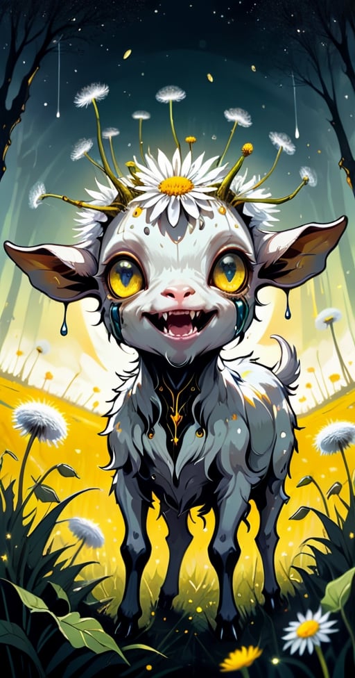 cuteness overload, 2d, flat, splatter ink, liquid ink, paint dripping, sci-fi, futuristic, fairytale, biomechanical glass metal transparent cute happy cyborg goat gremlin creature made of dandelion flowers. spring trees. rye field, farm house, biomechanical glass cyborg parts, glowing eyes, fragility, dynamic pose, intricated, filigree, glowing eyes, sunbeams, Craola, Dan Mumford, Andy Kehoe, otherworldly, cute creepy, celestial, complex background, spring sunset, cute, adorable, ultra highly detailed, cinematic, masterpiece, art on a cracked paper, vintage, patchwork