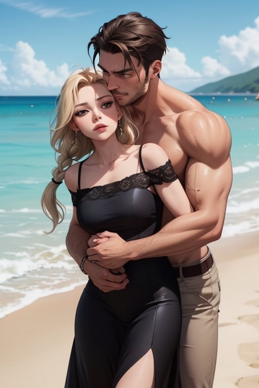 Romantic couple out at the beach,  warm,  lovely,  sweet,  beautiful,  Woman (sweer, braided brown long hair,  brown eyes,  off-the-shoulder beach dress),  BREAK Handsome muscular Man (Blonde sexy hair,  mafia look,  fierce, aggressive).

Man hug woman from behind