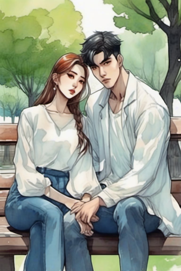 Couple pose, sitting in the park, korean illustration for webtoon, novel poster, 2d, detailed,

Man (bad boy look, tall, big, handsome, aggressive),
Woman (Innocent look, with white dress),
,watercolor \(medium\)