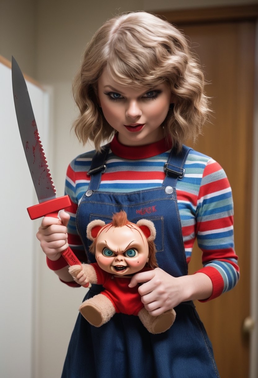 Taylor Swift as a Chucky Doll, holding a knife and a teddy bear