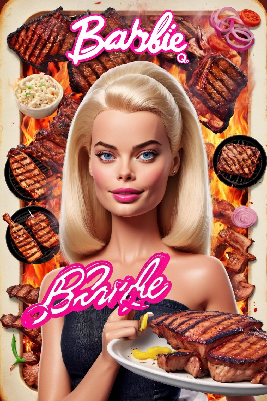 Movie poster page "Barbie Q" starring Margot Robbie and BBQ. text logo "QQQ" 
