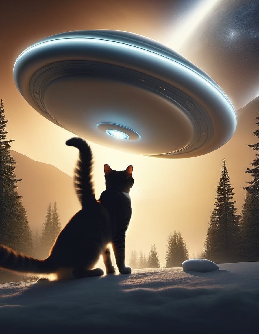 Long shot of a flying saucer with cat inside