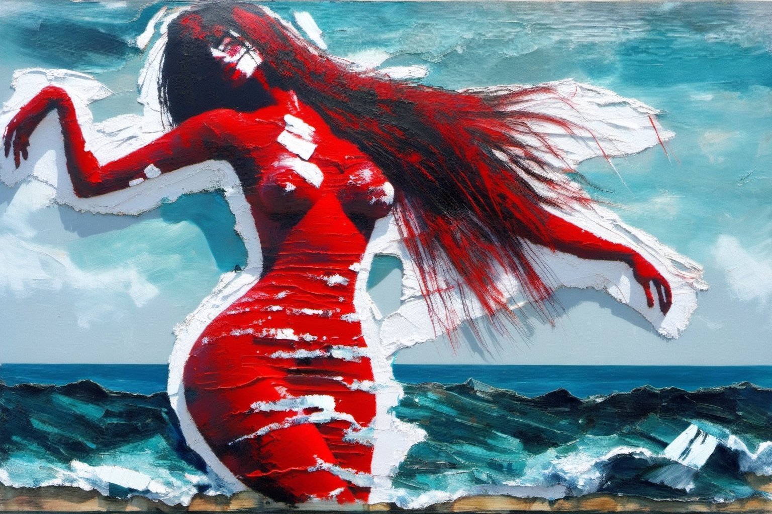 MoDernart, Double Exposure: a abstract heavy pallet knife thick paint scene of where see: an elegantly dressed ((upper body shot of a transparent woman in red with loose hair)), we see the double exposure break down on the lady her body and the sea and sky backdrop