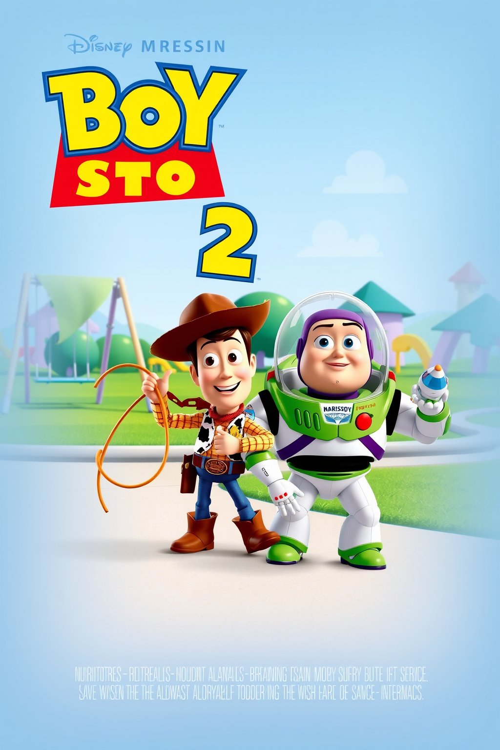 Movie poster for 'Boy Story 2,' featuring toddler versions of Woody and Buzz Lightyear. In this reimagined scene, Woody and Buzz are depicted as adorable toddlers playing in a vibrant park. Woody, wearing his signature cowboy hat and boots, is holding a toy lasso, while Buzz, dressed in his iconic space suit, is holding a toy spaceship. The background showcases a colorful, cartoon-style park with swings, slides, and bright green grass. The title 'Boy Story 2' is displayed in bold, fun lettering at the top, with a tagline underneath that adds a humorous twist. The overall tone of the poster is lighthearted and nostalgic, blending the charm of the original characters with the innocence and joy of childhood.