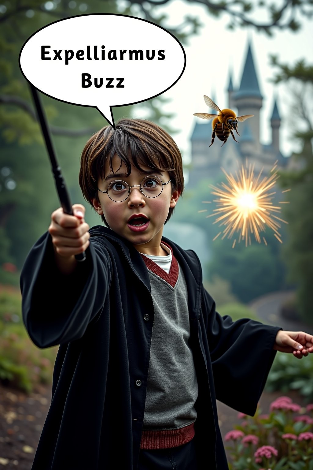 Movie still featuring Harry Potter, mid-action, waving his wand with determination as he shouts with a speech bubble "Expelliarmus Buzz" to cast a spell. A large bee is buzzing near him, and the magical energy from his wand is seen pushing the bee away in a flash of light. Harry is in his iconic Hogwarts robe, glasses on, and his expression focused. The background features a magical outdoor setting with trees and a distant castle. The overall mood is lighthearted and humorous, adding a playful twist to the famous spellcasting scene.