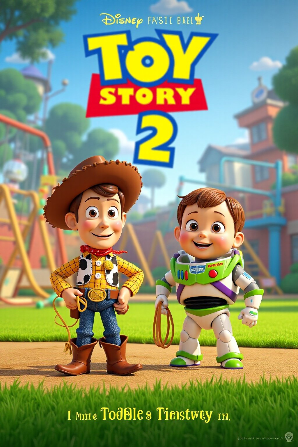 Movie poster for 'Boy Story 2,' featuring toddler versions of Woody and Buzz Lightyear. In this reimagined scene, Woody and Buzz are depicted as adorable toddlers playing in a vibrant park. Woody, wearing his signature cowboy hat and boots, is holding a toy lasso, while Buzz, dressed in his iconic space suit, is holding a toy spaceship. The background showcases a colorful, cartoon-style park with swings, slides, and bright green grass. The title 'Boy Story 2' is displayed in bold, fun lettering at the top, with a tagline underneath that adds a humorous twist. The overall tone of the poster is lighthearted and nostalgic, blending the charm of the original characters with the innocence and joy of childhood.