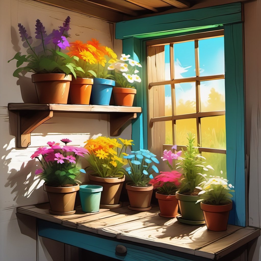 Painting, rough sketch illustration of old wooden shelf filled with potted flowers and other plants near a sunny window, inside a shack. vibrant colors, art by Kim Jung-Gi, ,digital painting