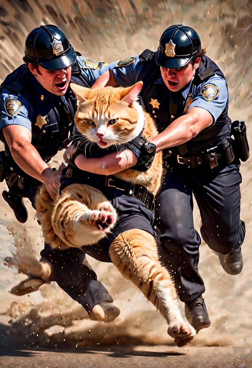 Action shot. Two cops arresting an obese cat