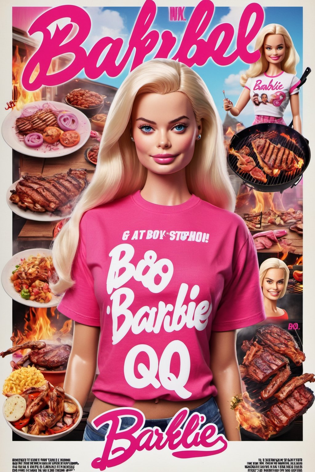 Movie poster page "Barbie Q" starring Margot Robbie and BBQ. T-shirt with text logo "Q" 
