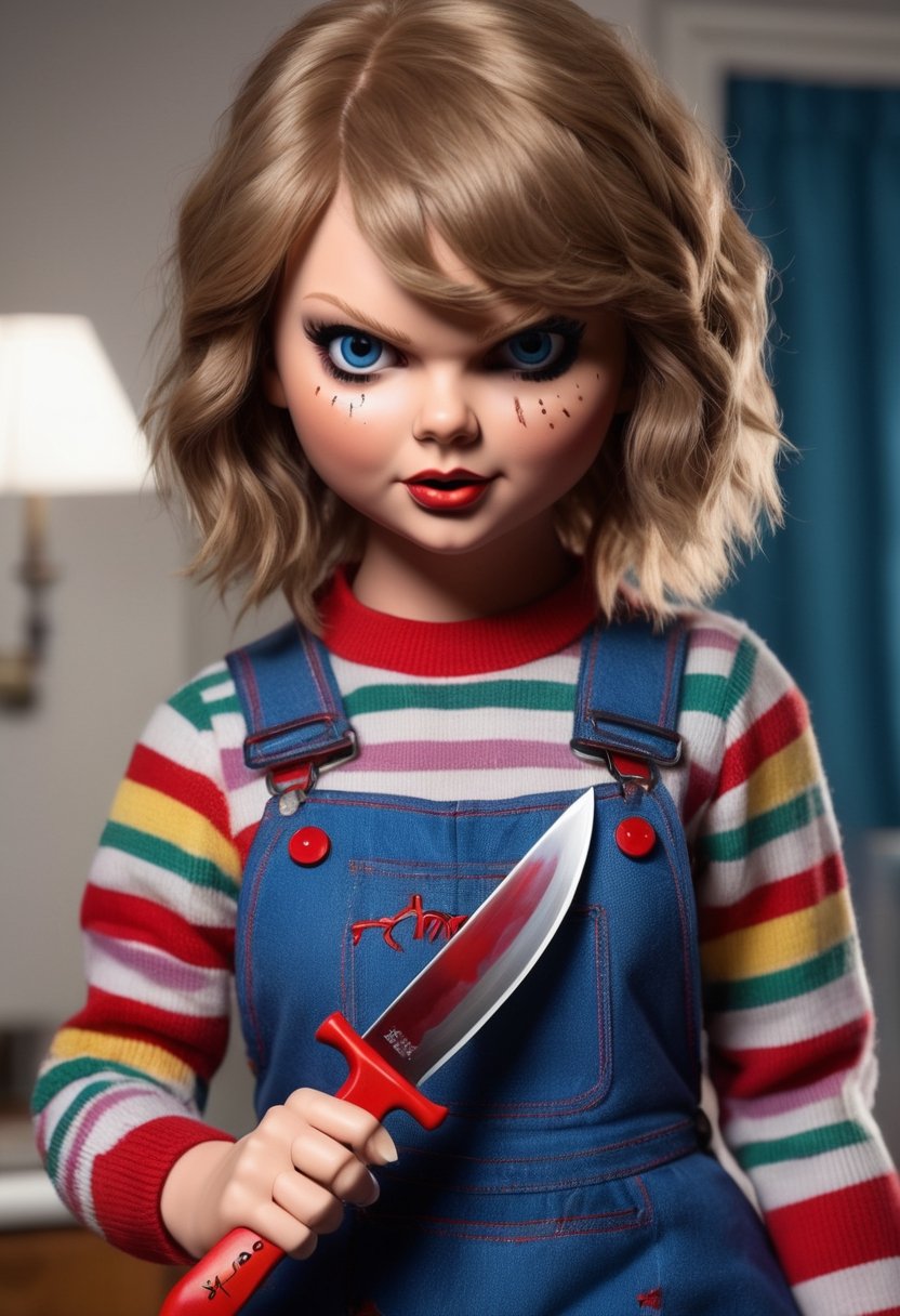 Taylor Swift as a Chucky Doll, holding a knife