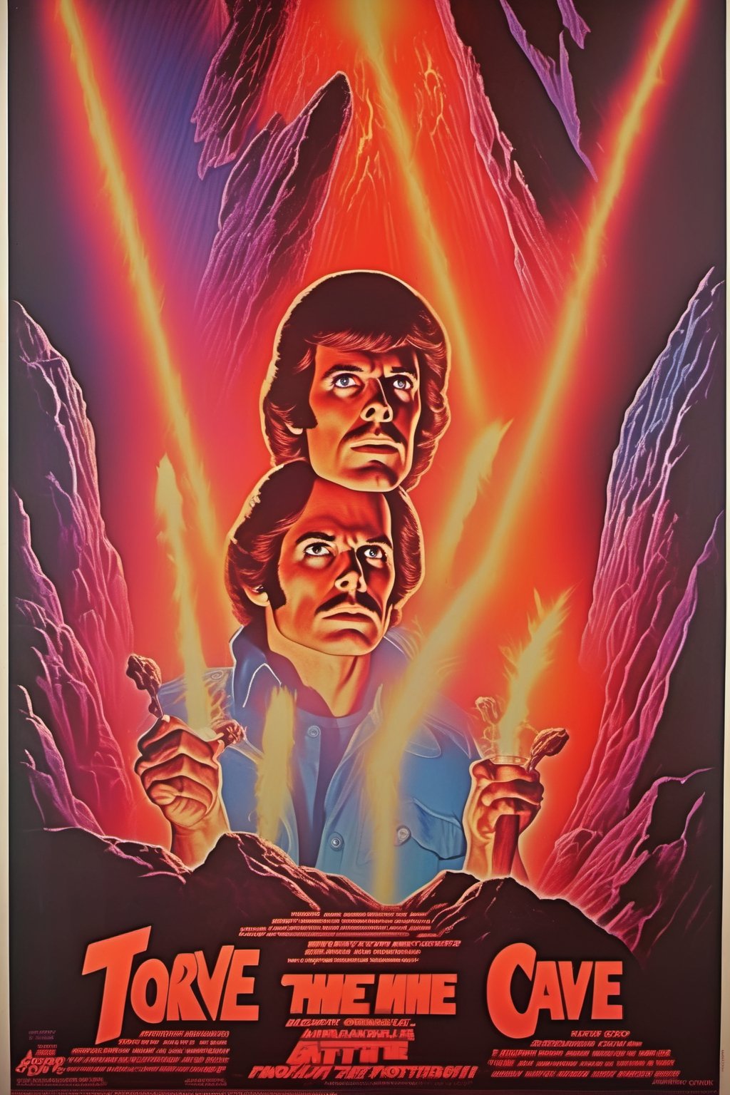 Movie Poster - movie poster in the style of Richard Amsel, two men in front of a glowing cave with torches