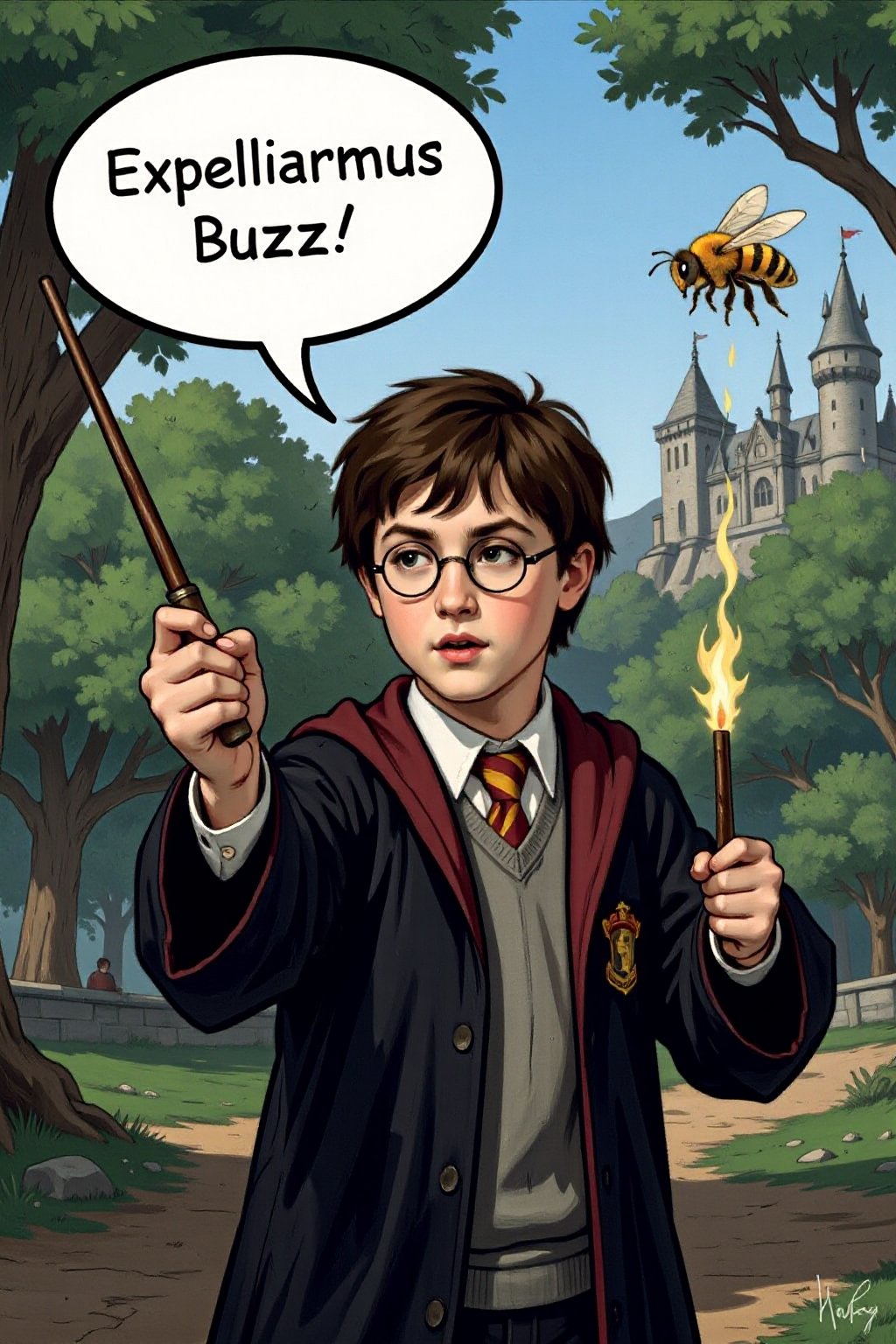 Paintingl featuring Harry Potter, mid-action, waving his wand with determination as he shouts with a speech bubble "Expelliarmus Buzz" to cast a spell. A large bee is buzzing near him, and the magical energy from his wand is seen pushing the bee away in a flash of light. Harry is in his iconic Hogwarts robe, glasses on, and his expression focused. The background features a magical outdoor setting with trees and a distant castle. The overall mood is lighthearted and humorous, adding a playful twist to the famous spellcasting scene.