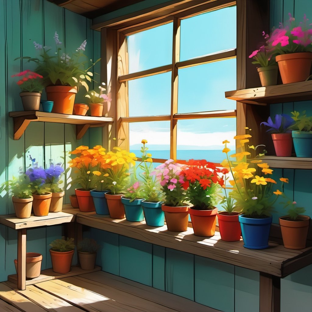 Painting, rough sketch illustration of old wooden shelf filled with potted flowers and other plants near a sunny window, inside a shack. vibrant colors, art by Kim Jung-Gi, ,digital painting