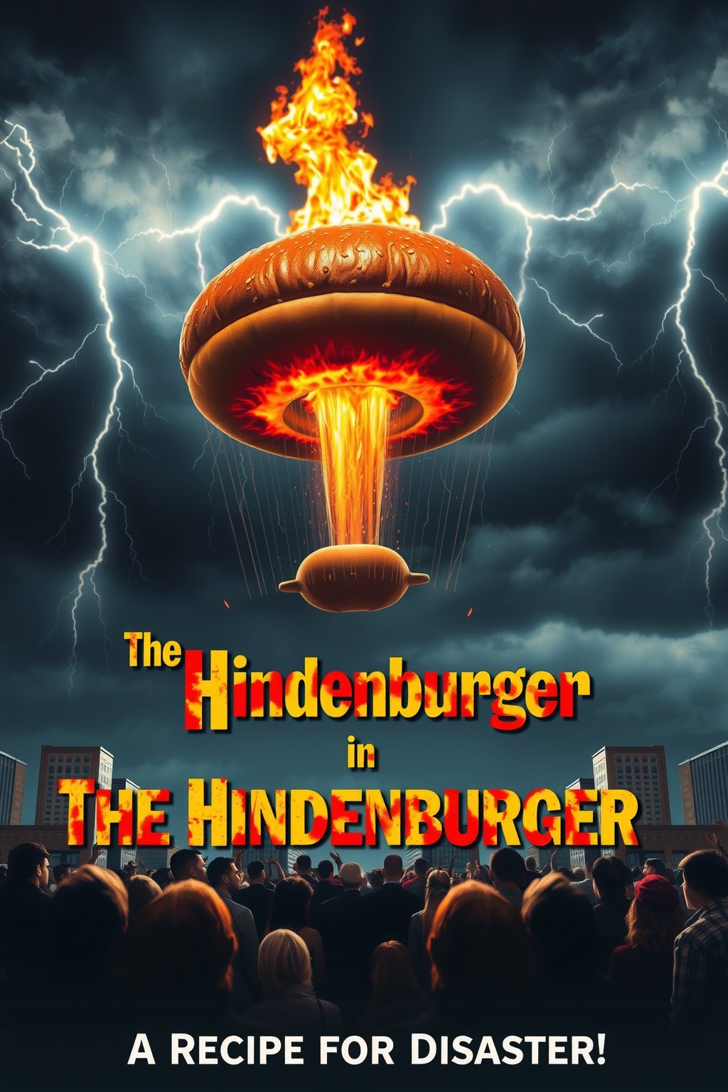 Parody movie poster for the disaster film "The Hindenburger," featuring a giant  hamburger, complete with sesame seed bun, catching fire as it floats dramatically through a stormy sky. Flames engulf the top of the burger as it descends, evoking the iconic image of the Hindenburg disaster. Below, a crowd of shocked onlookers stares up in horror as the flaming burger heads toward the ground. The backdrop is a dark, ominous sky with lightning flashing. The title "The Hindenburger" is written in bold, fiery letters, with the tagline "A Recipe for Disaster!".  Background are tall buildings.