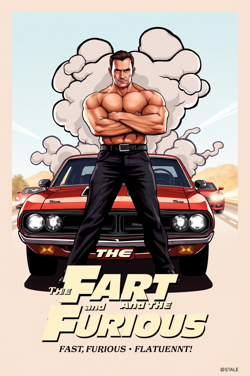 Design a humorous parody movie poster for 'The Fart and the Furious,' mimicking the style of classic action film posters. The central figure is a muscular man (resembling a typical action hero) in a dramatic pose, standing next to a souped-up muscle car. However, in a comedic twist, there are exaggerated, cartoon-like fart clouds behind him, emphasizing the joke. In the background, cars are speeding down a highway, leaving trails of gas clouds instead of exhaust. The title 'The Fart and the Furious' is prominently displayed in bold, high-octane fonts, with the tagline 'Fast, Furious, and Flatulent!' The overall tone is lighthearted, blending typical action movie elements with playful humor and over-the-top visuals.
