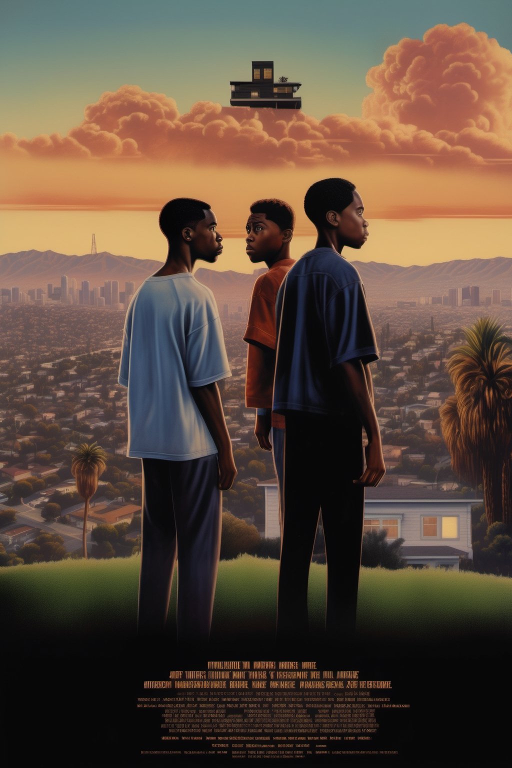 Movie Poster - a film poster showing two black brothers facing a small expensive house on a hill overlooking the Los Angeles skyline,