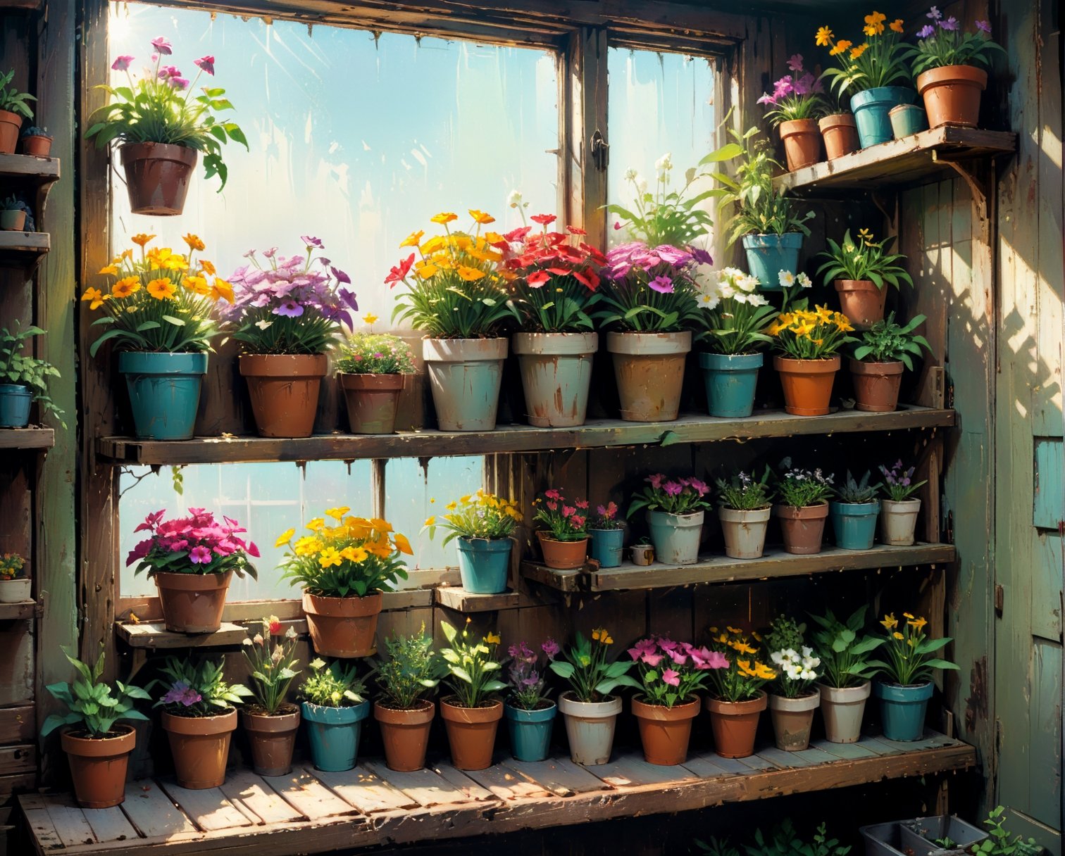 Acrylic illustration of old wooden shelf filled with potted flowers and other plants near a sunny window, inside a shack. vibrant colors, highly detailed, art by Jeremy Mann