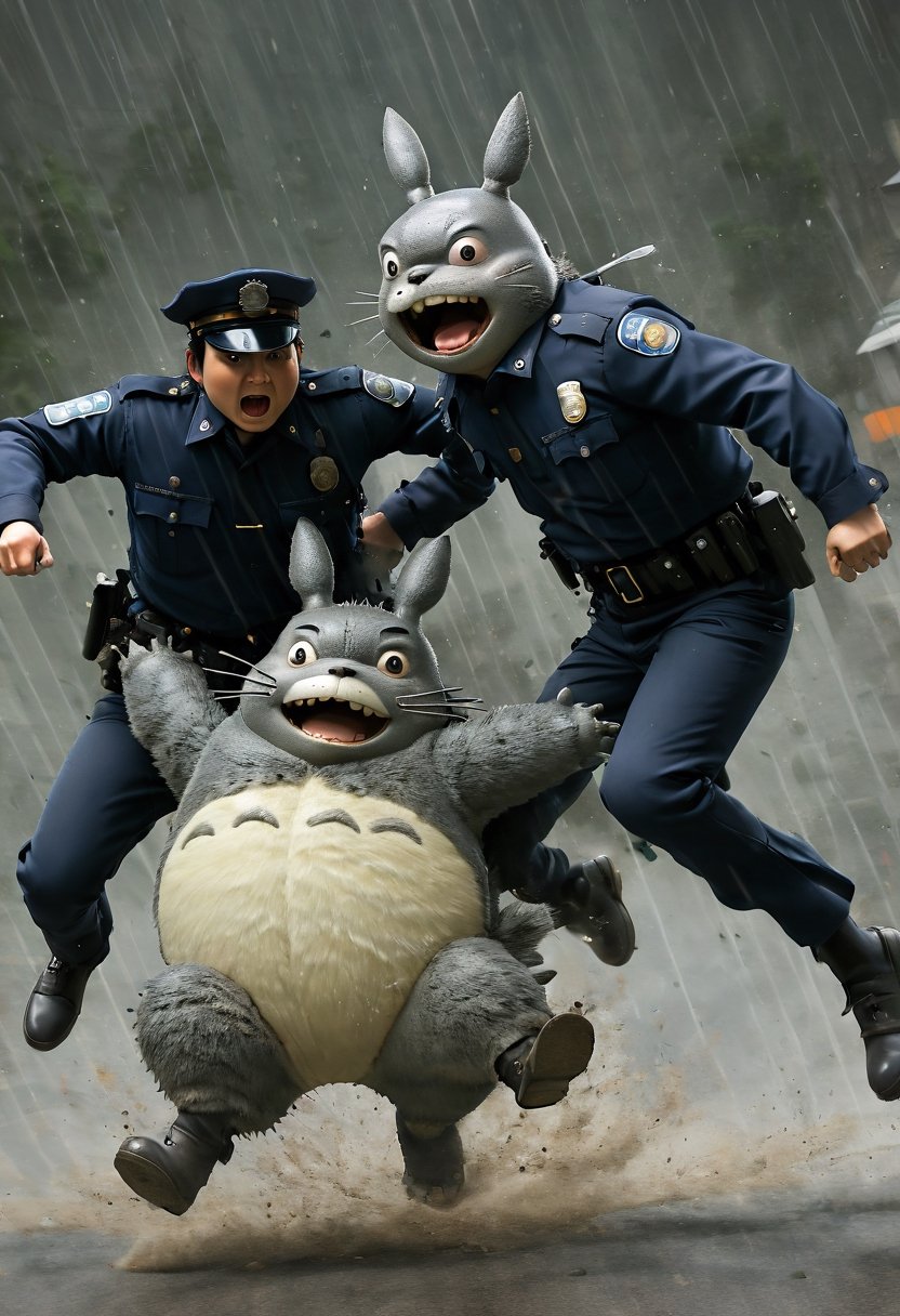 Action shot. Two cops arresting Totoro,  art by Studio Ghibli