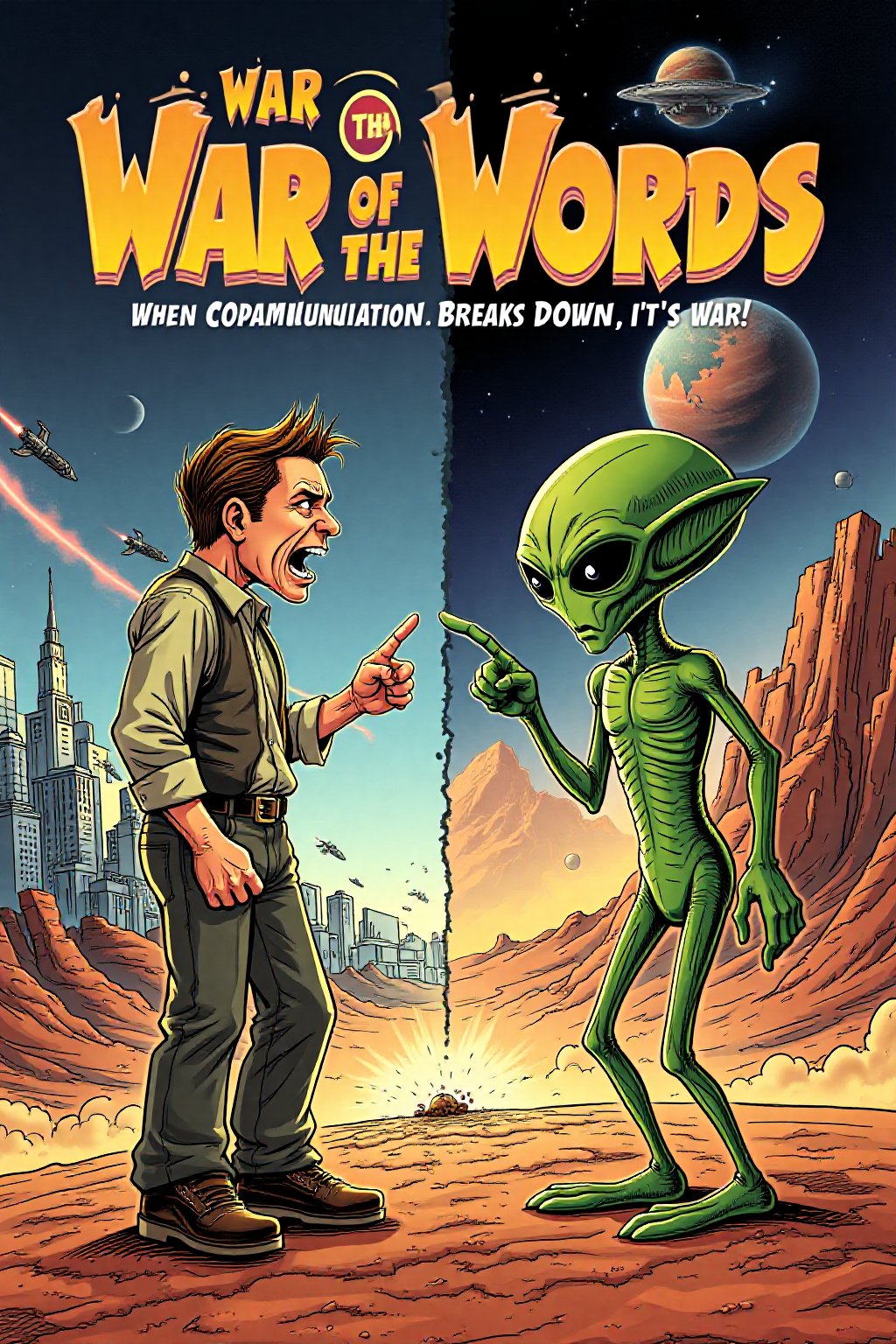 Parody movie poster for 'War of the Words' featuring a humorous standoff between a man and a Martian. The man, dressed in everyday clothes, is furiously pointing his finger, yelling, while the Martian, a green, classic alien with large eyes, angrily points back. Both are mid-argument, standing face-to-face, with exaggerated expressions of frustration and outrage. The background features a cityscape on one side, representing Earth, and a distant planet with spaceships on the other, representing Mars. Bold, comic-style fonts announce the title 'War of the Words' at the top, with a tagline like 'When Communication Breaks Down, It's War!' The overall tone of the poster is light-hearted and comical, using bright colors and playful illustrations to parody traditional alien invasion movies.