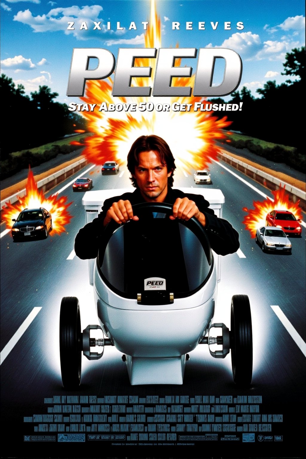 A 1994 parody movie poster titled "PEED", featuring Keanu Reeves gripping the handlebars of a high-speed toilet as if it were a vehicle, speeding down a chaotic highway. His face is tense, echoing the intense expression from Speed. The toilet is outfitted with racing wheels and a control panel, adding to the absurdity. In the background, explosions and cars veer off the road, heightening the action-packed feel. The tagline reads: "Stay Above 50 or Get Flushed!" in bold, dramatic font, with the title "PEED" humorously styled in metallic letters across the top.