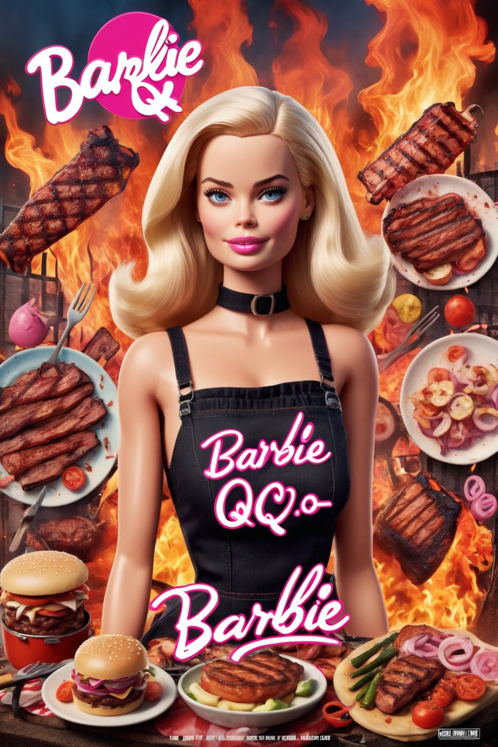 Movie poster page "Barbie Q" starring Margot Robbie and BBQ. text logo "QQQ" 
