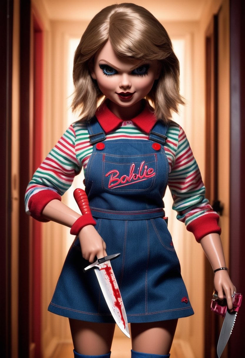 Taylor Swift as a Chucky Doll, holding a knife and a barbie