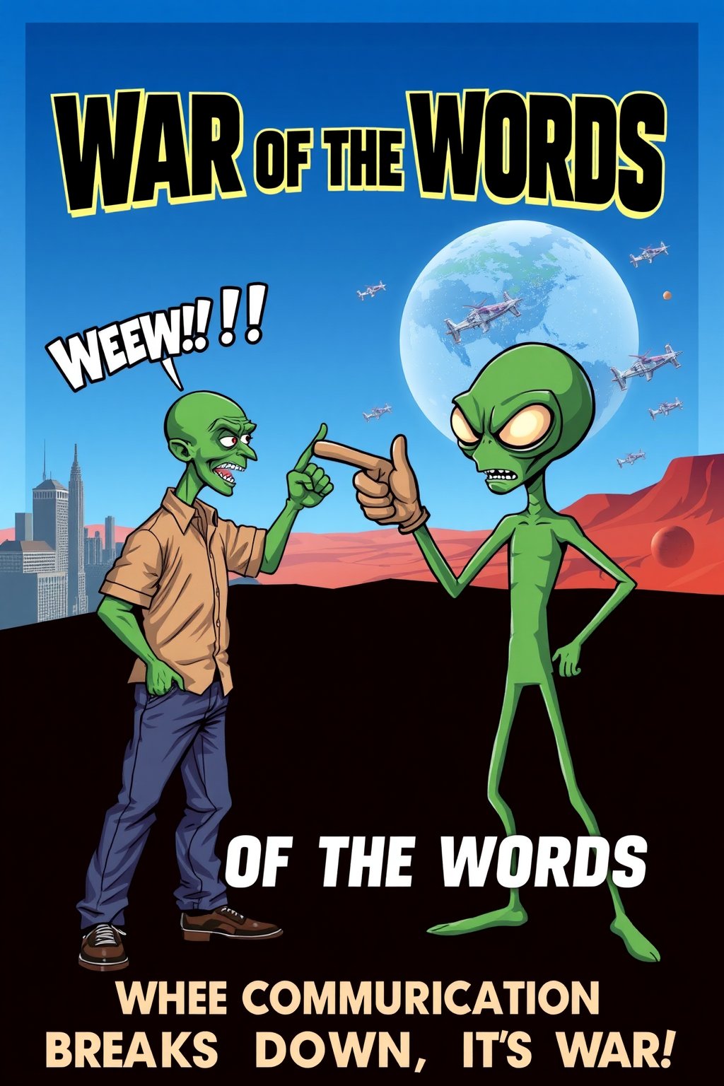 Parody movie poster for 'War of the Words' featuring a humorous standoff between a man and a Martian. The man, dressed in everyday clothes, is furiously pointing his finger, yelling, while the Martian, a green, classic alien with large eyes, angrily points back. Both are mid-argument, standing face-to-face, with exaggerated expressions of frustration and outrage. The background features a cityscape on one side, representing Earth, and a distant planet with spaceships on the other, representing Mars. Bold, comic-style fonts announce the title 'War of the Words' at the top, with a tagline like 'When Communication Breaks Down, It's War!' The overall tone of the poster is light-hearted and comical, using bright colors and playful illustrations to parody traditional alien invasion movies.