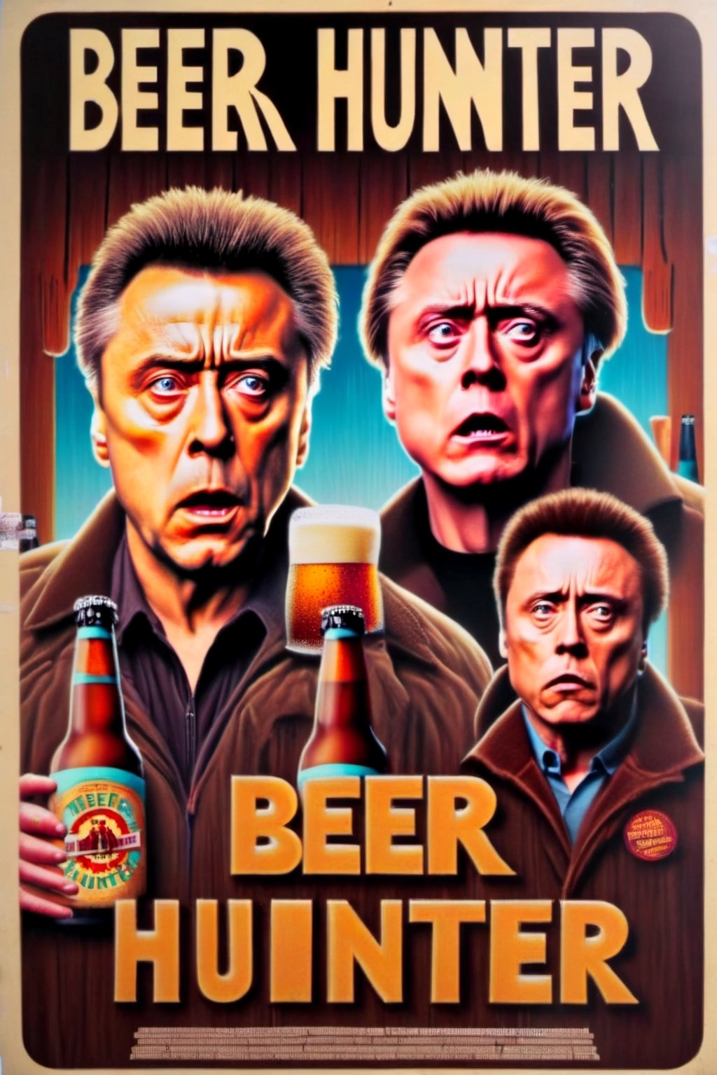 Movie poster page. The Beer Hunter starring Robert De Niro and Christopher Walken. Sign says "Beer Hunter "