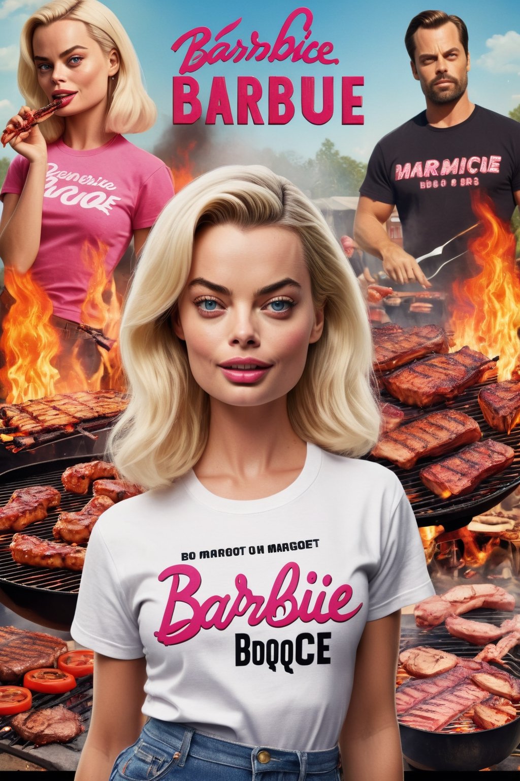 Movie poster page "Barbiecue" starring Margot Robbie and BBQ. T-shirt with text logo "Q" 
